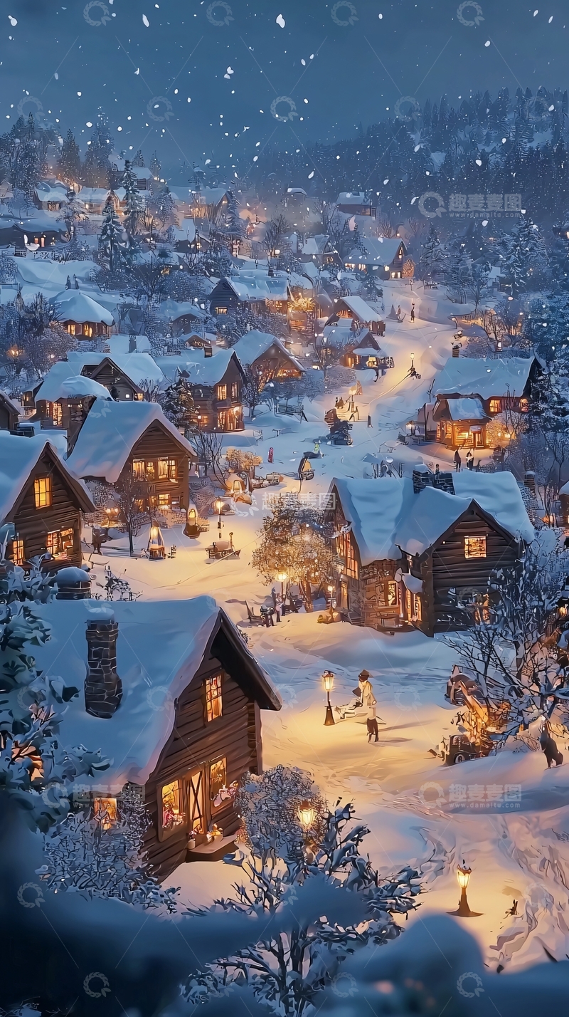 高清大图下载【趣麦麦图】雪夜里的木屋村庄