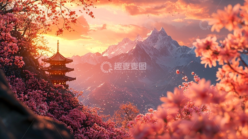 高清大图下载【趣麦麦图】樱花掩映下的古塔雪山