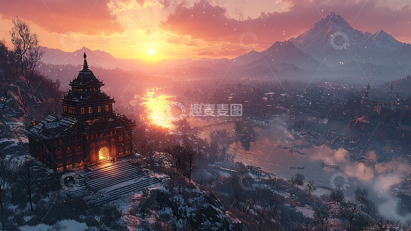 高清大图下载【趣麦麦图】雪山日出下的东方建筑