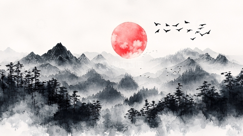 高清大图下载【趣麦麦图】水墨山水日出群鸟图