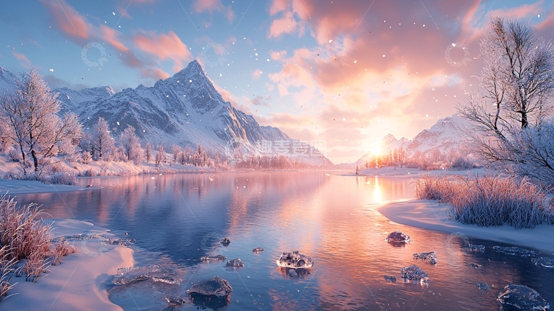 高清大图下载【趣麦麦图】雪山湖泊日出美景