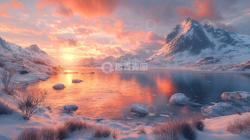 高清大图下载【趣麦麦图】雪山日落湖泊景色