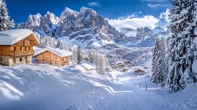 高清大图下载【趣麦麦图】雪山木屋村庄冬季
