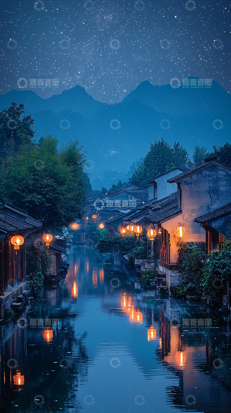 高清大图下载【趣麦麦图】星空下的古镇夜景