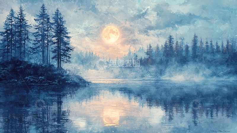 高清大图下载【趣麦麦图】宁静的湖面上的森林和月亮