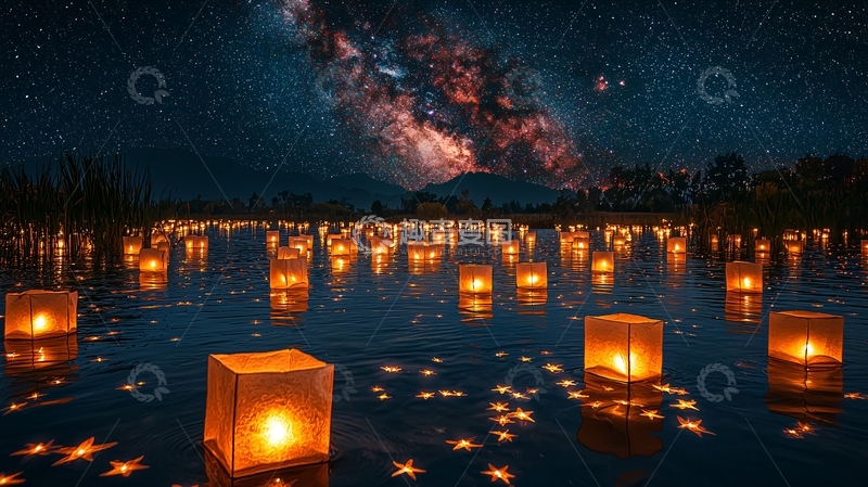 高清大图下载【趣麦麦图】星空下水上漂浮灯笼