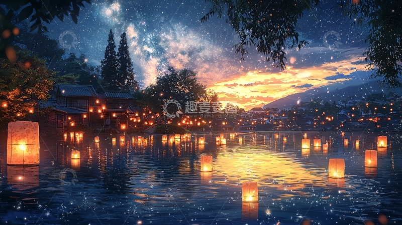 高清大图下载【趣麦麦图】夜空下湖面漂浮着灯笼