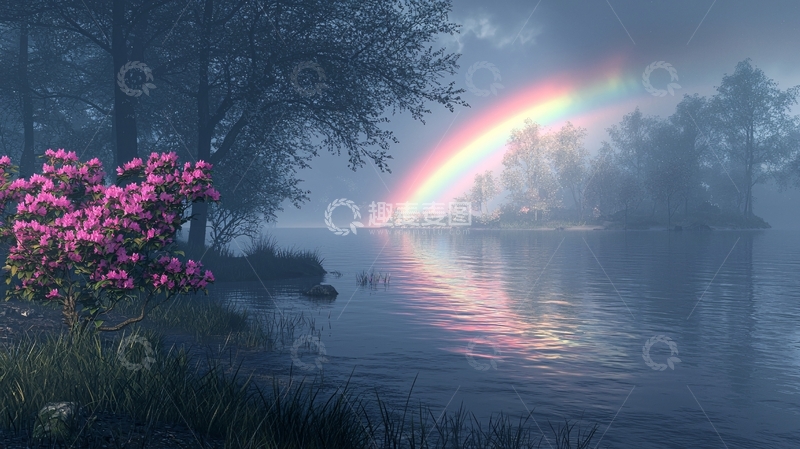 高清大图下载【趣麦麦图】雾气朦胧的彩虹湖景