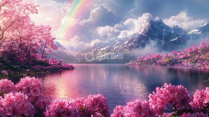 高清大图下载【趣麦麦图】梦幻粉色花朵山水