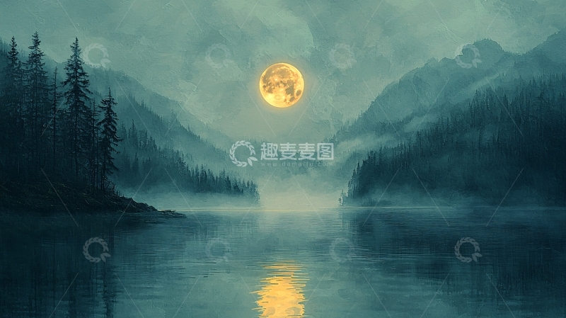 高清大图下载【趣麦麦图】湖面月光倒影的静谧夜景