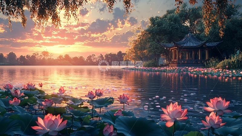 高清大图下载【趣麦麦图】湖边夕阳下的中式建筑