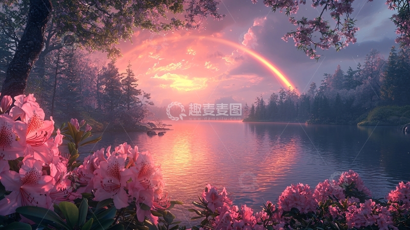 高清大图下载【趣麦麦图】梦幻彩虹湖泊日出