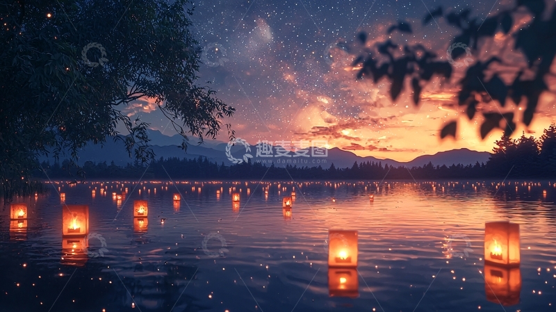 高清大图下载【趣麦麦图】湖面上漂浮着灯笼的夜景