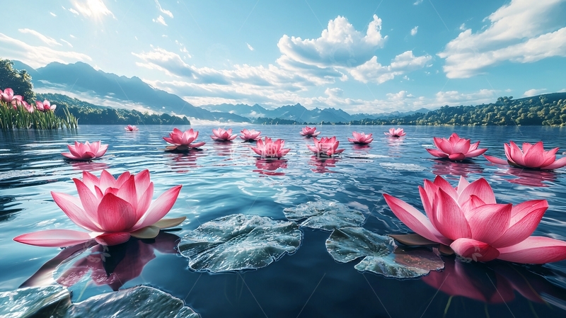 高清大图下载【趣麦麦图】莲花盛开的平静湖面