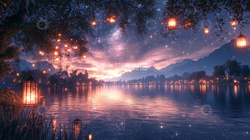 高清大图下载【趣麦麦图】湖边灯光闪烁的梦幻夜景