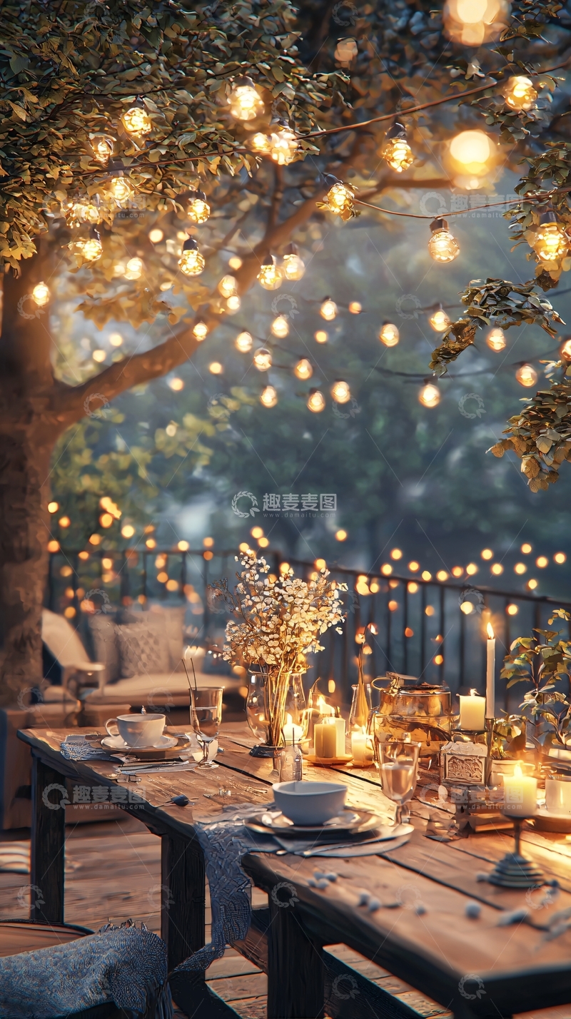 高清大图下载【趣麦麦图】庭院浪漫晚餐灯光