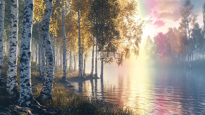 高清大图下载【趣麦麦图】白桦林倒影在湖面