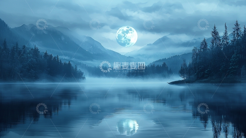 高清大图下载【趣麦麦图】湖面上空的满月和雾气笼罩的山脉