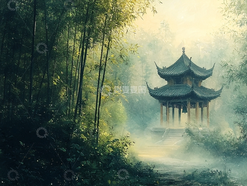 高清大图下载【趣麦麦图】林间亭台若隐若现