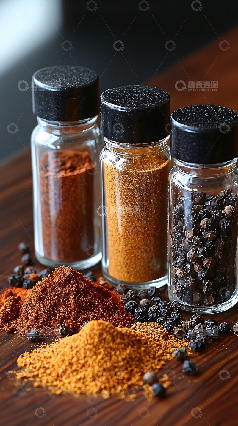 高清大图下载【趣麦麦图】香料瓶子在木桌上