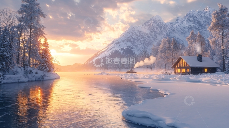 高清大图下载【趣麦麦图】冬日雪山湖畔小屋