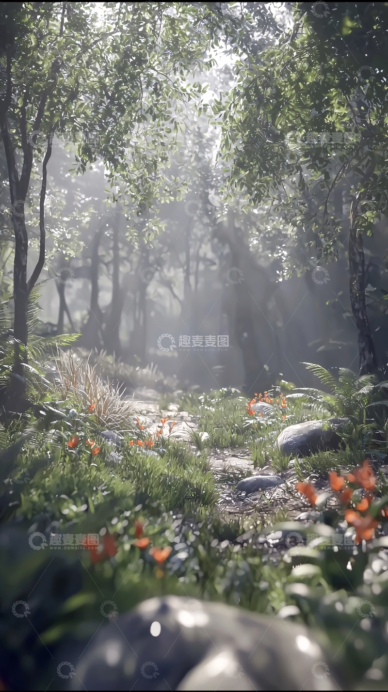 高清大图下载【趣麦麦图】阳光透过树林洒在地面