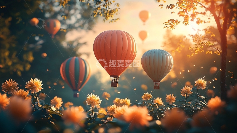 高清大图下载【趣麦麦图】热气球飞过花田