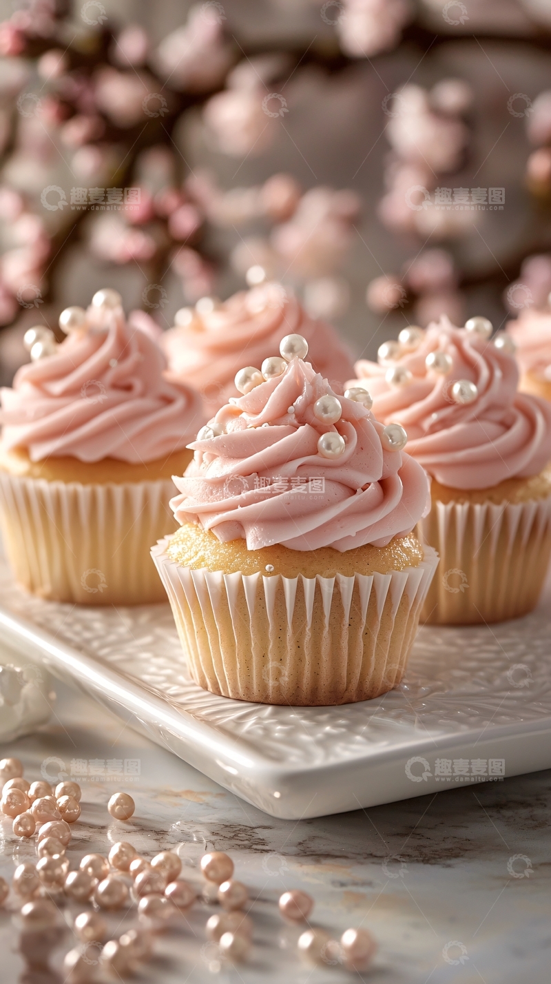 高清大图下载【趣麦麦图】粉色珍珠装饰纸杯蛋糕