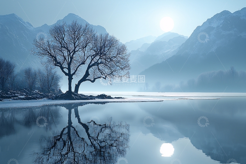 高清大图下载【趣麦麦图】冬日湖边孤树雪景