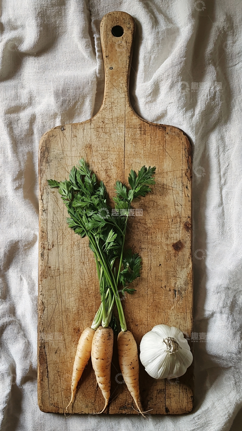 高清大图下载【趣麦麦图】老木砧板上的胡萝卜和香菜