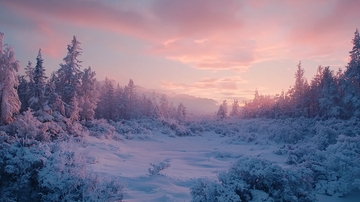 冬日雪景粉色天空