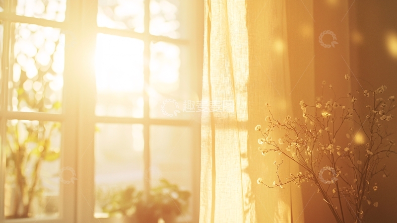高清大图下载【趣麦麦图】阳光透过窗帘洒进房间