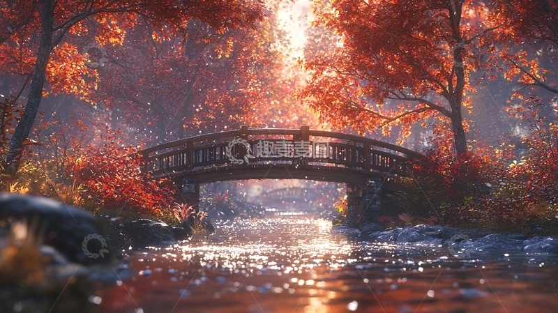 高清大图下载【趣麦麦图】秋日森林小桥流水