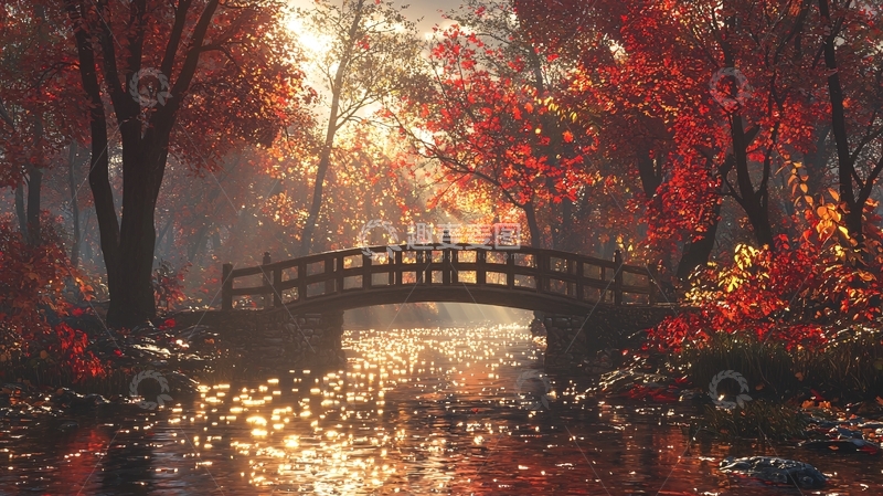 高清大图下载【趣麦麦图】秋日红叶小桥流水