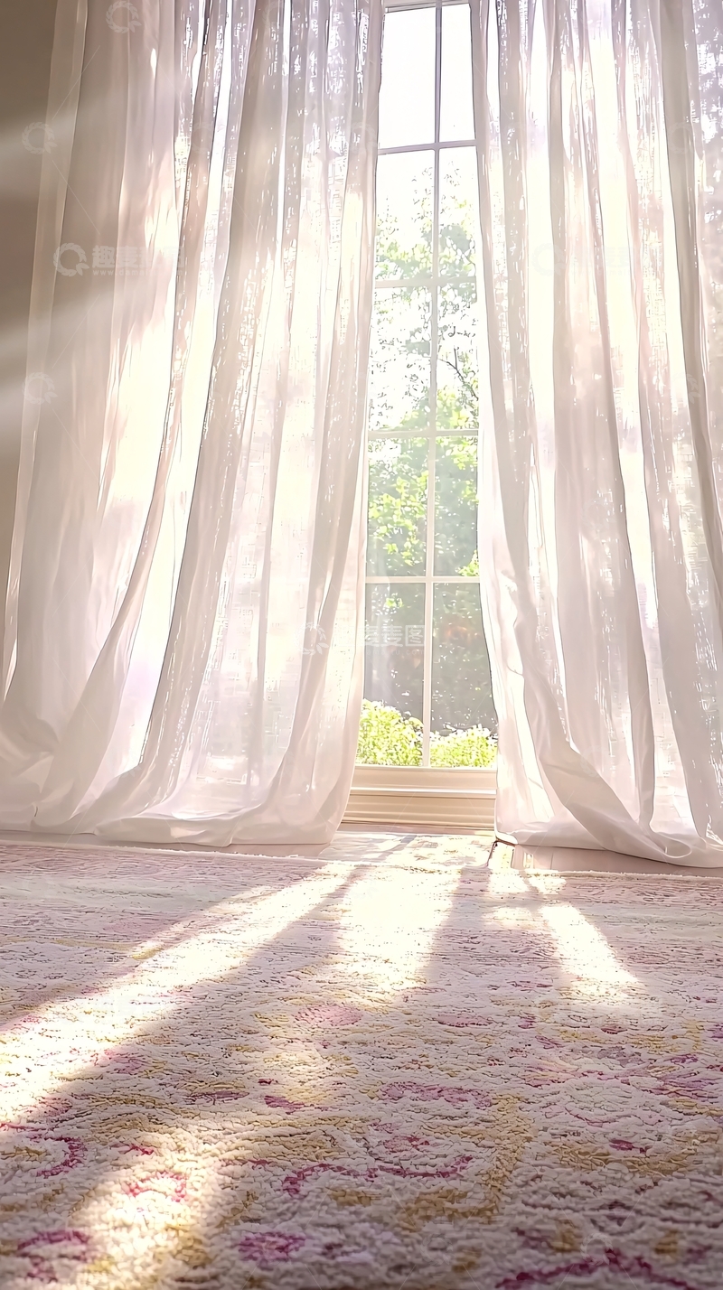高清大图下载【趣麦麦图】阳光透过窗帘洒在地毯上