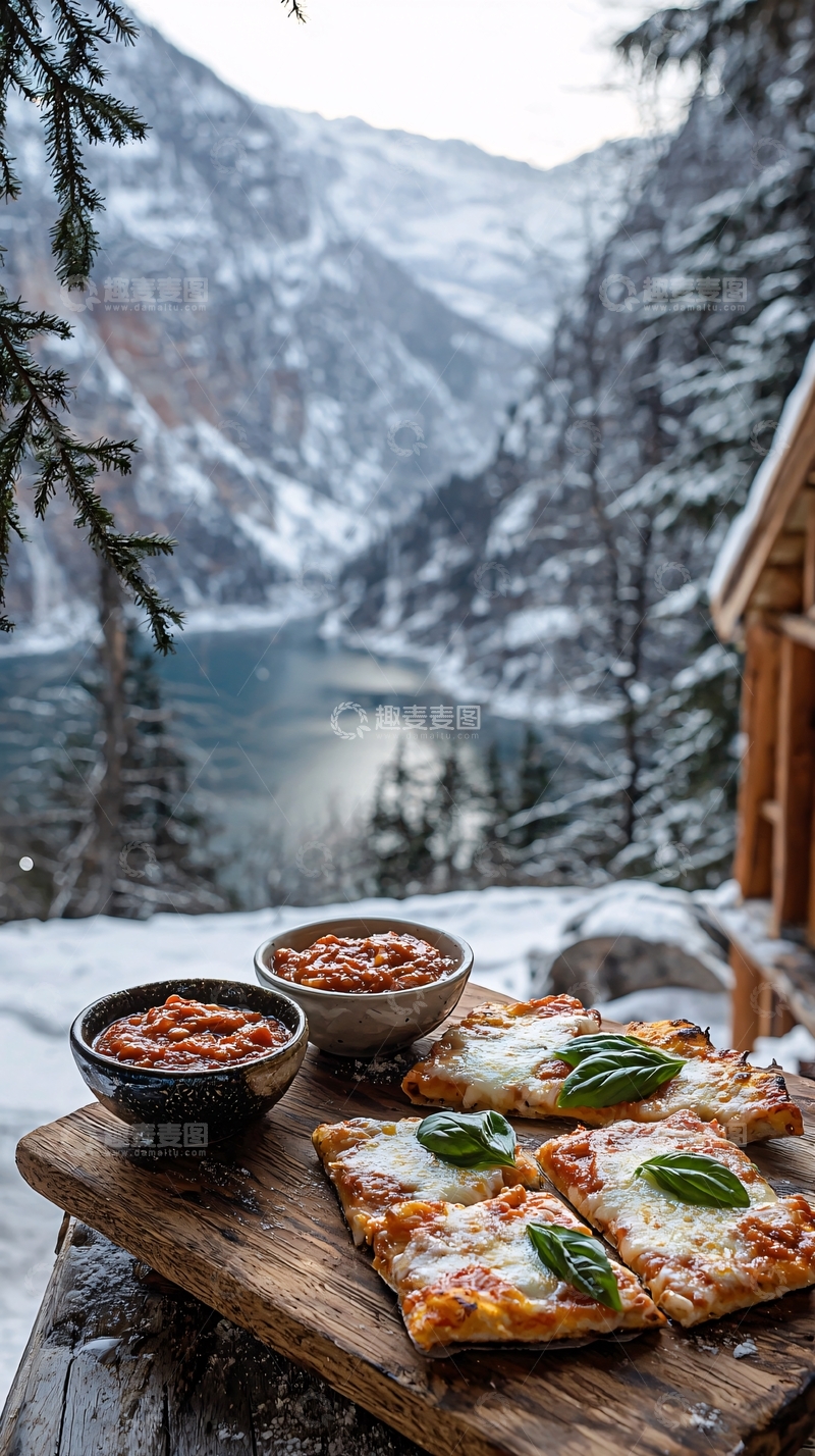 高清大图下载【趣麦麦图】冬季雪山背景下的美食
