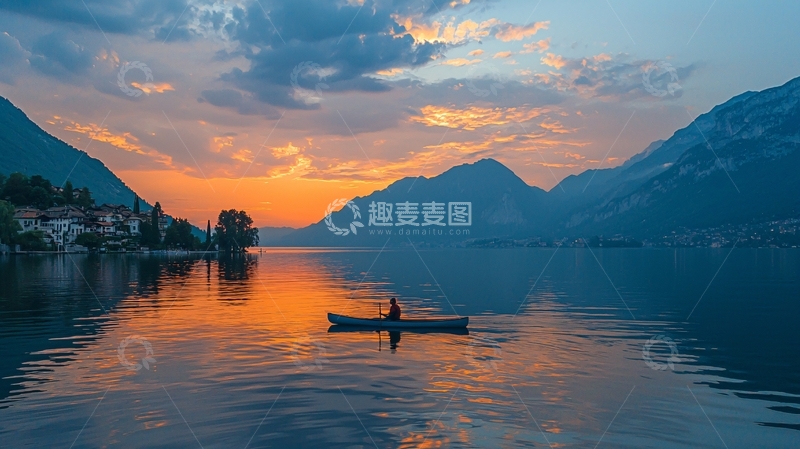 高清大图下载【趣麦麦图】落日余晖下的宁静湖泊