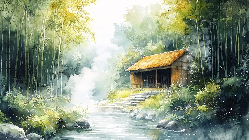 高清大图下载【趣麦麦图】林中小屋的宁静水景