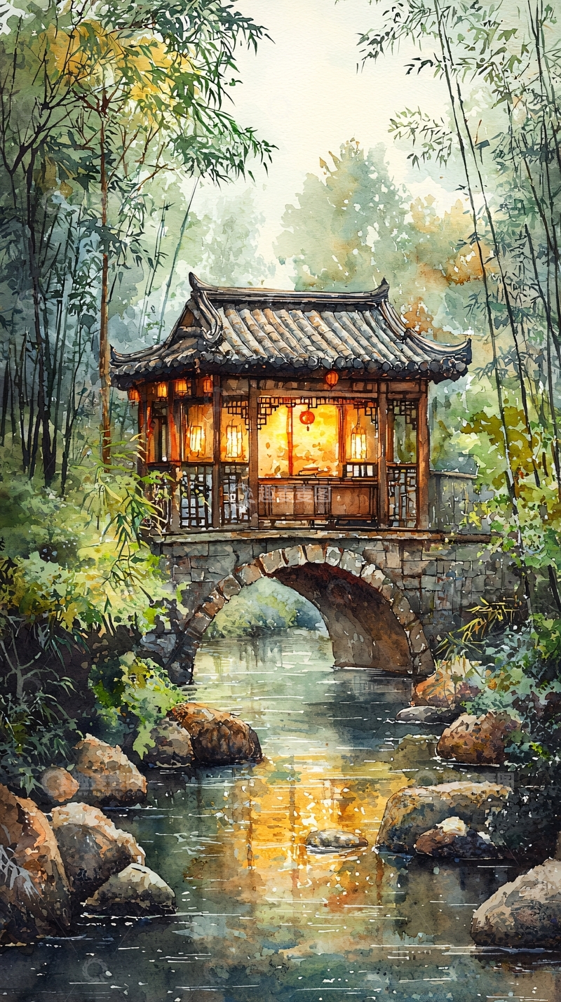 高清大图下载【趣麦麦图】水墨风格古桥小屋