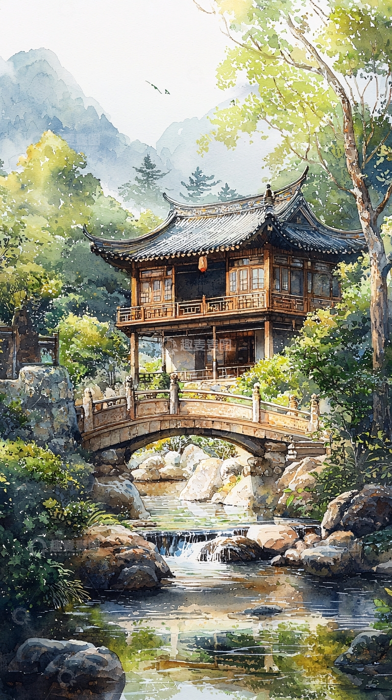 高清大图下载【趣麦麦图】山水间古建筑水彩画