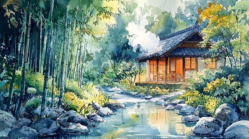 高清大图下载【趣麦麦图】绿树掩映下的日式小屋