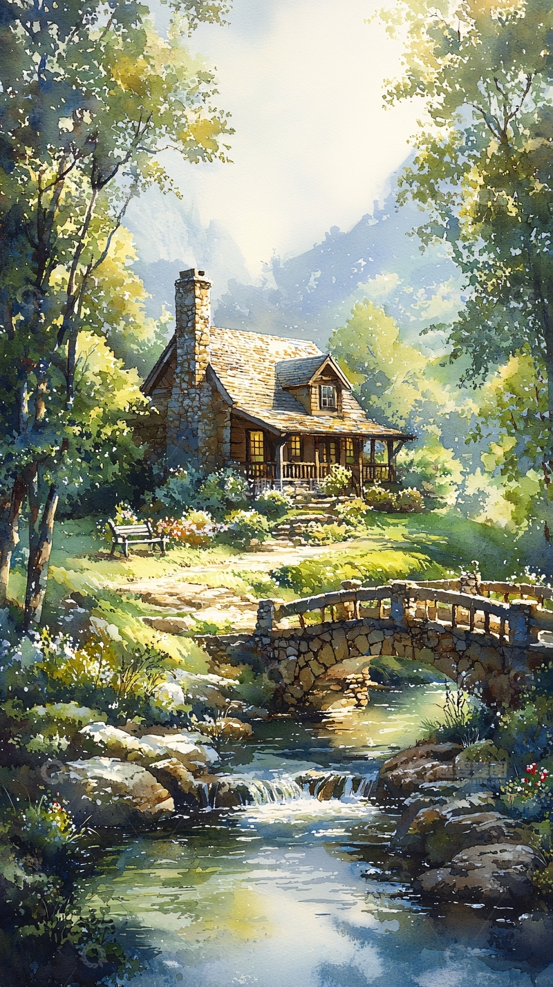 高清大图下载【趣麦麦图】山间小木屋溪流风景画