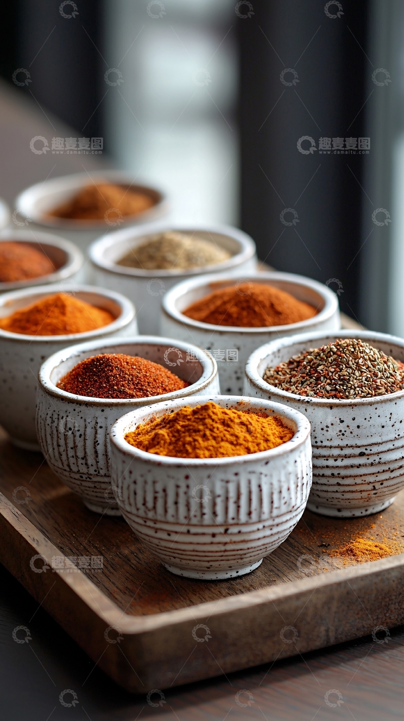 高清大图下载【趣麦麦图】各种颜色香料的小碗