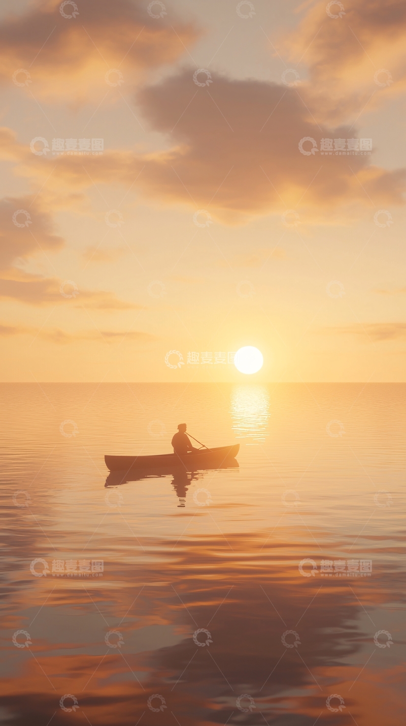 高清大图下载【趣麦麦图】日落时分独木舟泛舟