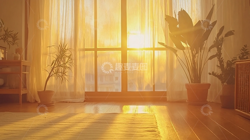 高清大图下载【趣麦麦图】阳光透过窗帘洒进房间