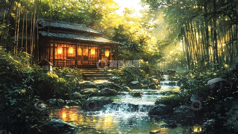 高清大图下载【趣麦麦图】清晨竹林日式小屋