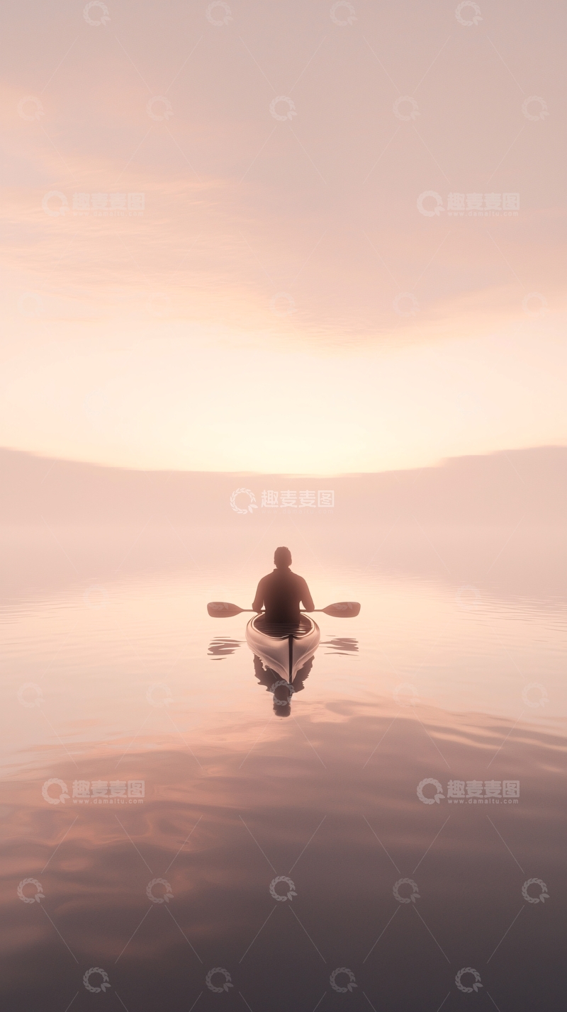 高清大图下载【趣麦麦图】日出时分独木舟上的男人