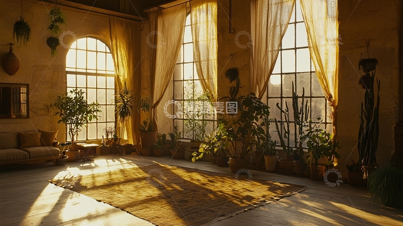 高清大图下载【趣麦麦图】阳光洒进落地窗的室内空间