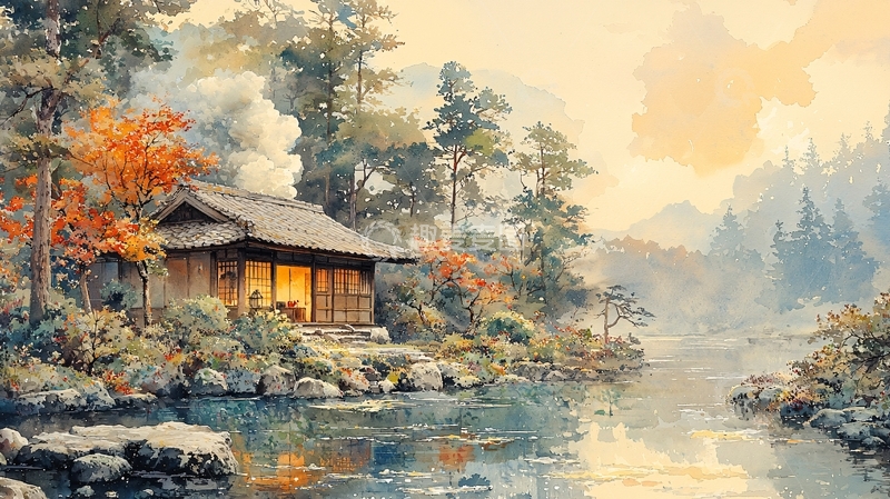 高清大图下载【趣麦麦图】日式小屋在秋日水边