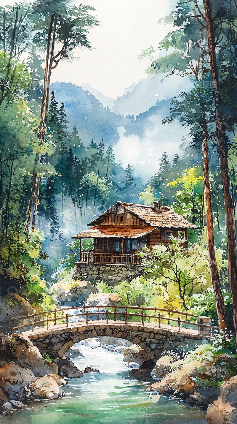 高清大图下载【趣麦麦图】山间木屋溪流桥